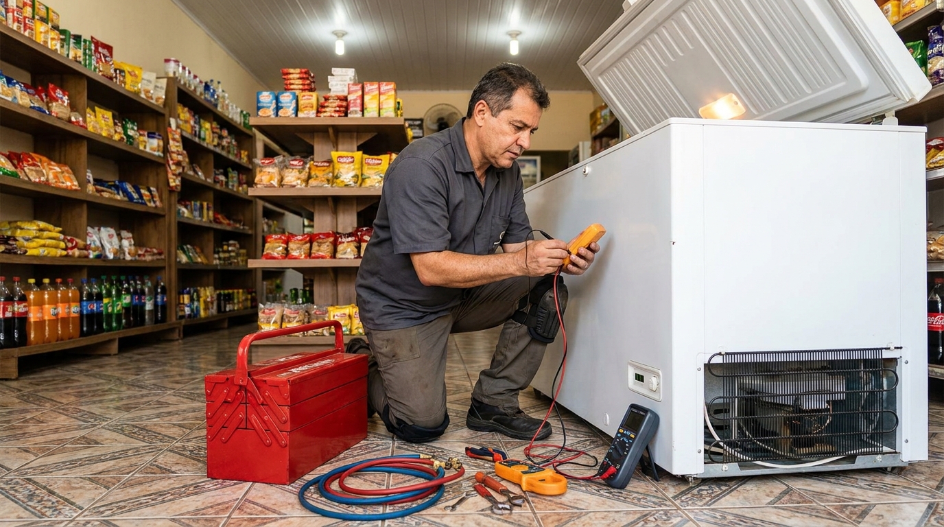 Manômetro conectado ao circuito durante recarga de gás de freezer em Vitória da Conquista‑BA