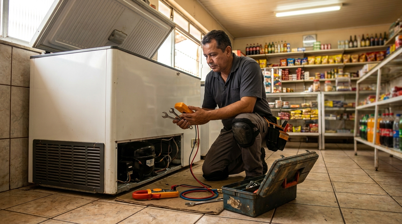 Técnico avaliando um freezer vertical durante atendimento em Vitória da Conquista‑BA